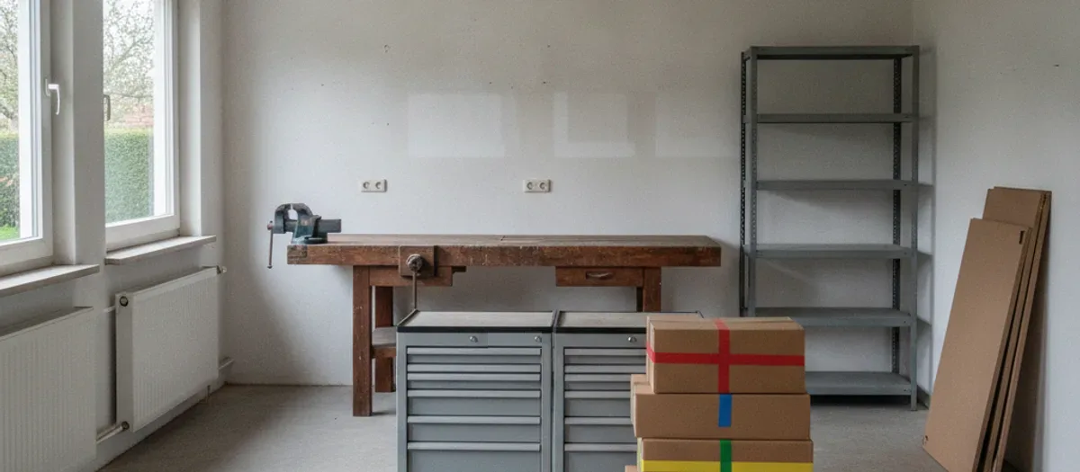 Halb geräumte Werkstatt mit Hobelbank, leerem Stahlregal, zwei Werkzeugwagen und Kartons, die nur mit Klebeband markiert sind.