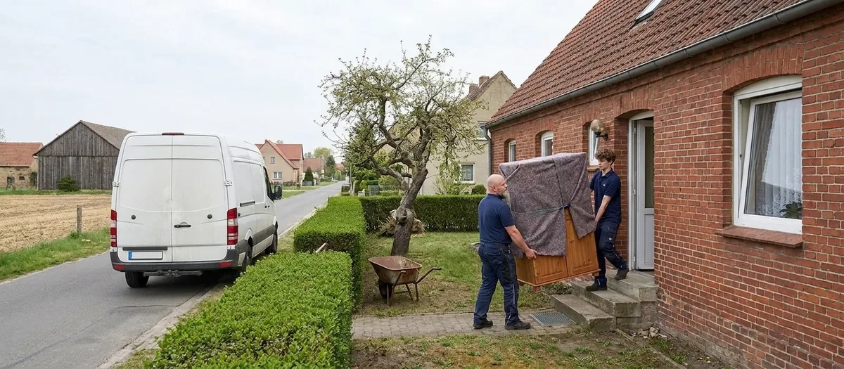 Zwei Umzugshelfer heben einen in eine Decke gepackten Schrank über die Stufen an der Haustür eines Backsteinhauses, der Wagen wartet an der Dorfstraße.