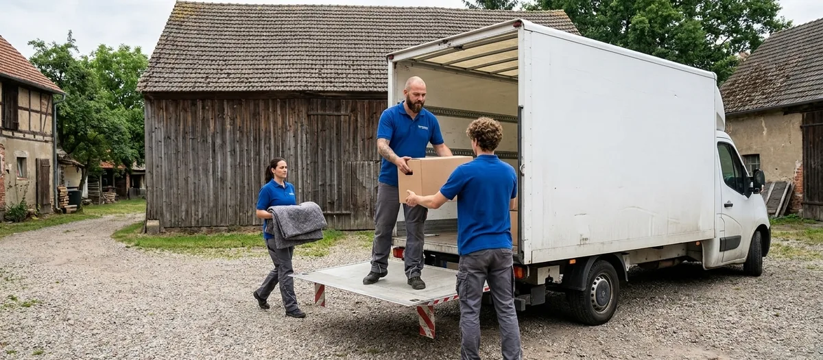 Drei Umzugshelfer beladen den Wagen über die Ladeklappe auf einem Hof vor einer alten Bretterscheune.