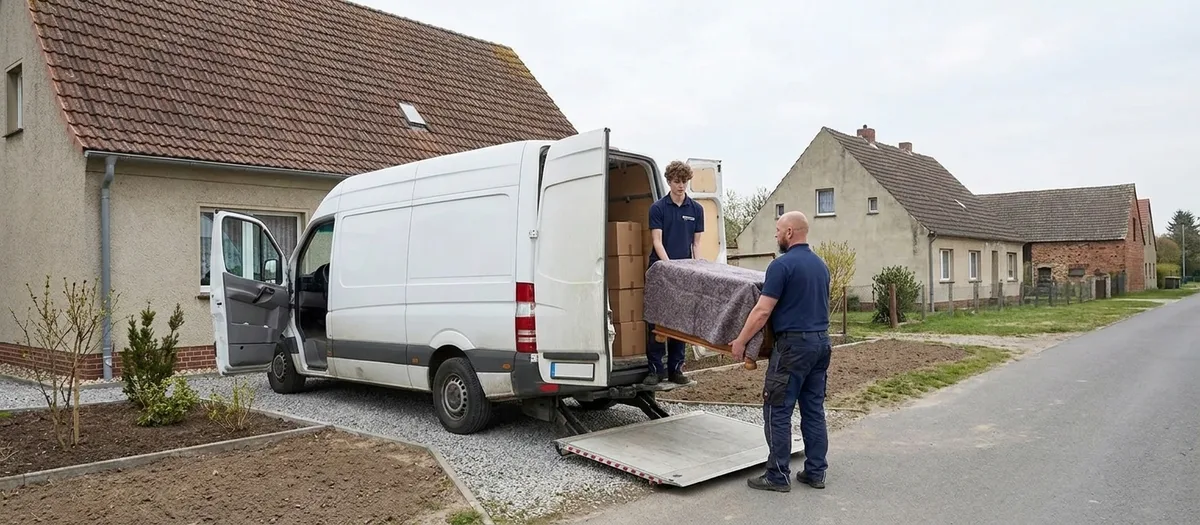 Der Umzugswagen steht rückwärts vor der Haustür, zwei Umzugshelfer bringen einen Tisch über die Ladeklappe ins Haus.