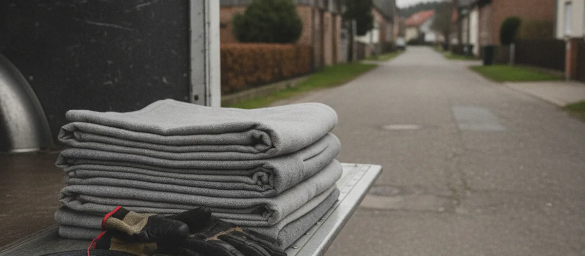 Gefaltete Umzugsdecken und Arbeitshandschuhe auf der Ladekante eines Umzugswagens an einer Dorfstraße.