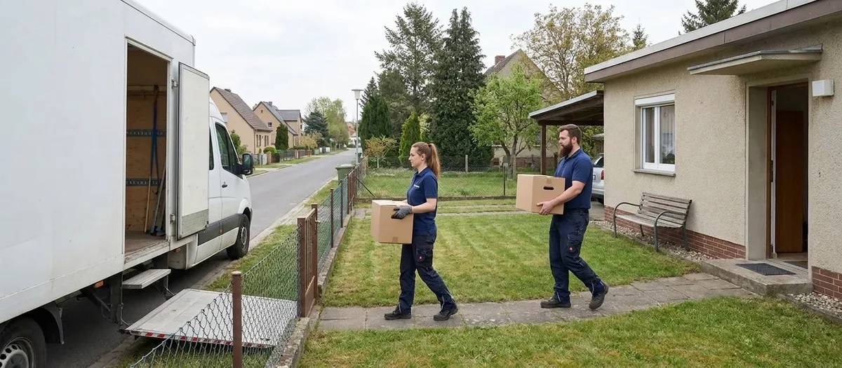 Zwei Umzugshelfer tragen Kartons über den Plattenweg zum Bungalow, der Umzugswagen steht mit offener Ladeklappe an der Straße.